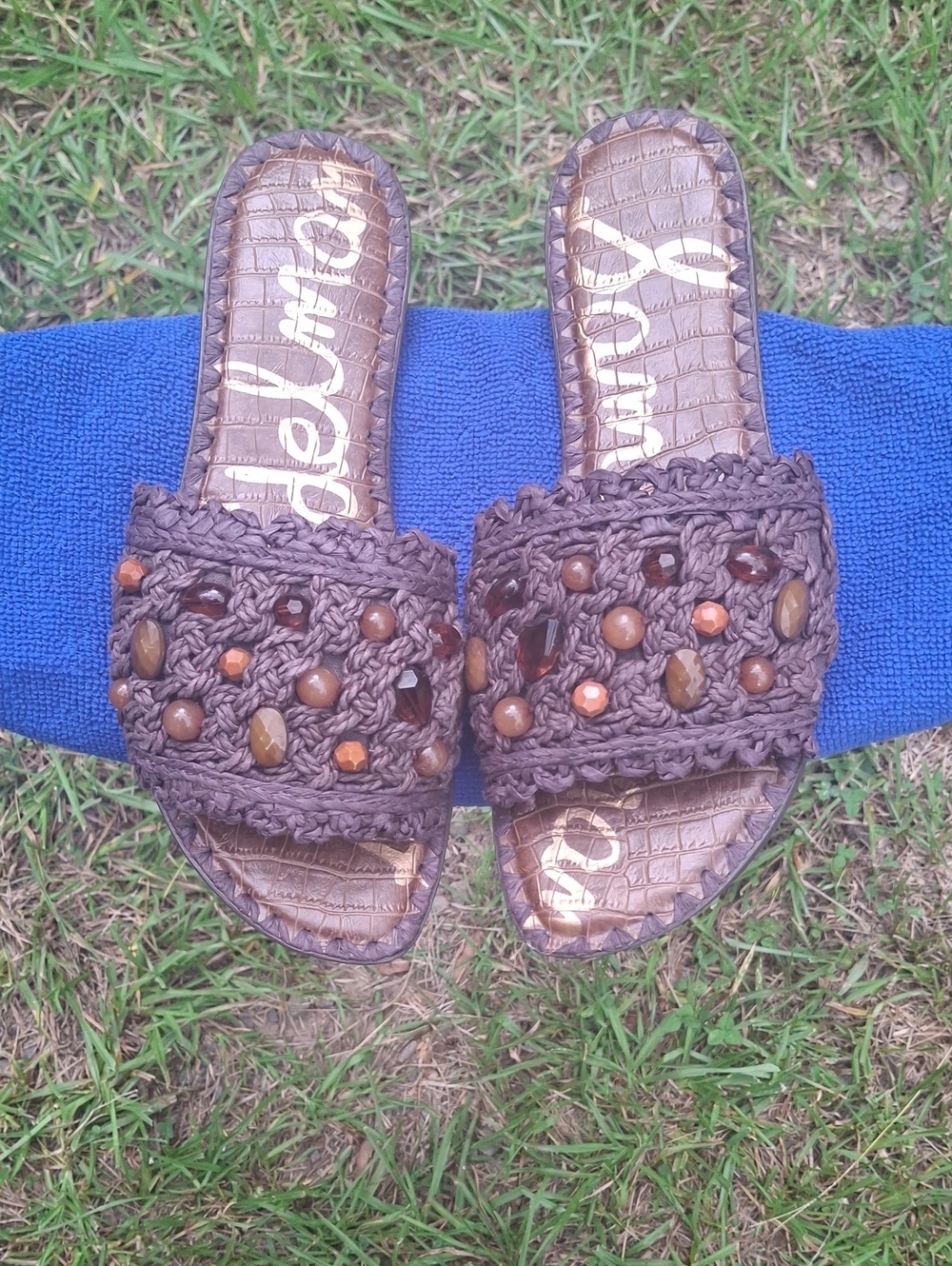 Sam Edelman Brown Beaded Crochet Slide Sandals